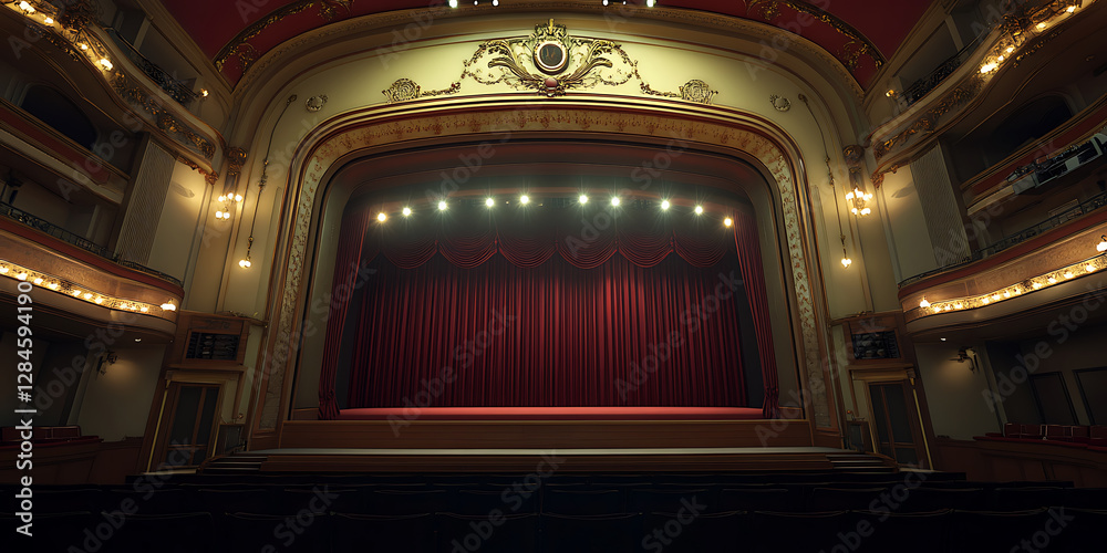 Obraz premium Ornate theater with plush red curtains balcony seating and decorative molding bathed in soft inviting light.