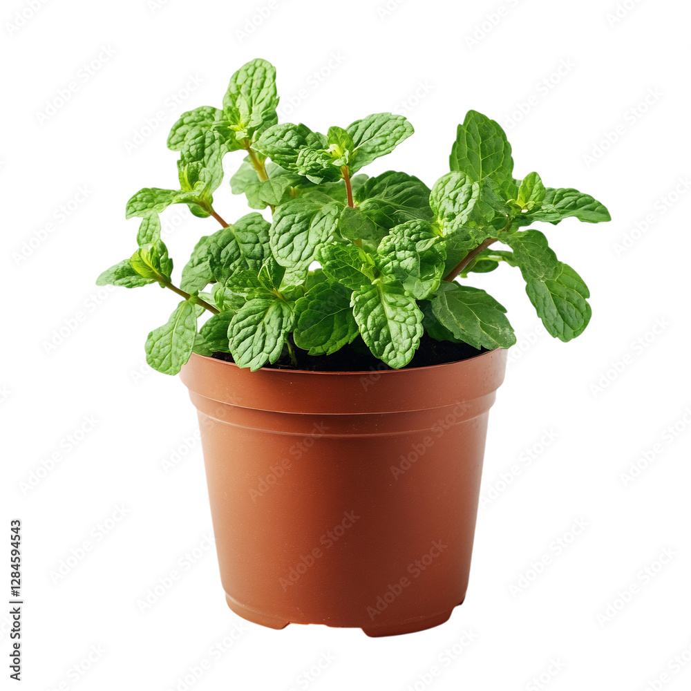 A Small Potted Mint Plant with Aromatic Green Leaves Isolated on Transparent Background A Small Potted Mint Plant with Aromatic Green Leaves Isolated on Transparent Background