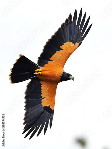 A striking bird of prey soars with vibrant orange plumage contrasted by black wingtips against a bright uncluttered sky.