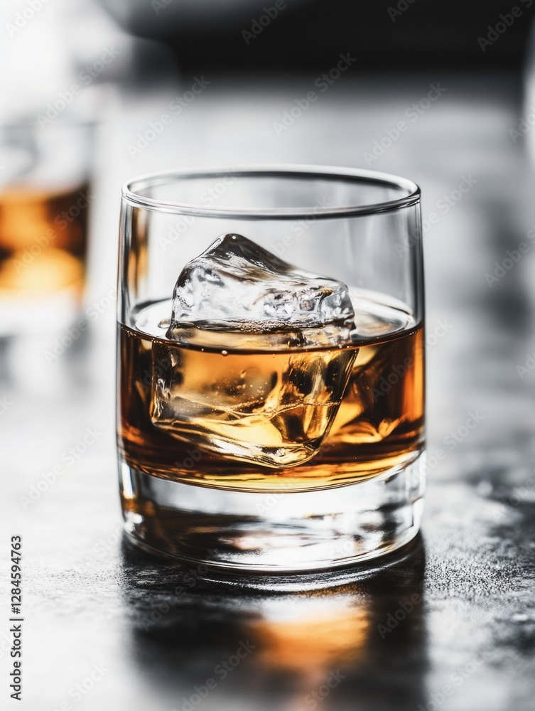 A close-up of a whisky drink, possibly Irish, on a bar. Ice cubes resting in the glass emphasize its coldness. A close-up of a whisky drink, possibly Irish, on a bar. Ice cubes resting in the glass emphasize its coldness.