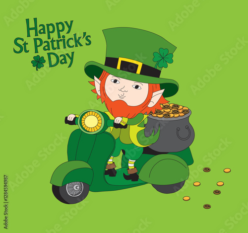 Cute cartoon illustration of a leprechaun riding a scooter