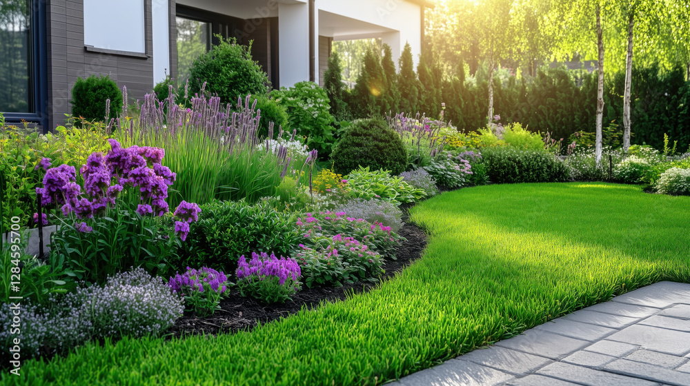 A Beautifully Maintained Garden in Front of a Modern House with White Accents, Showcasing Lush Green Grass, Perfectly Shaped Shrubs, and Vibrant Flowers in Full Bloom, Illuminated by Soft Sunlight A Beautifully Maintained Garden in Front of a Modern House with White Accents, Showcasing Lush Green Grass, Perfectly Shaped Shrubs, and Vibrant Flowers in Full Bloom, Illuminated by Soft Sunlight
