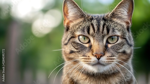 Close up portrait of a tabby cat with striking green eyes gazing toward the camera : Generative AI