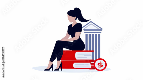 Woman Sitting on Books Near a Column, Financial Bankruptcy Concept