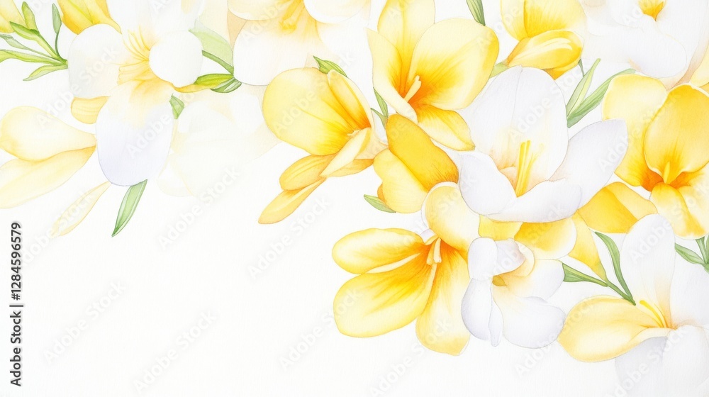 Fototapeta premium Delicate yellow and white freesia blossoms in a graceful watercolor botanical illustration capturing nature's elegance and beauty