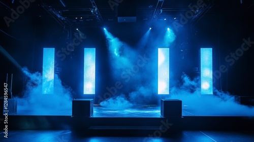 Empty stage lit with blue spotlights and smoke.  Possible stock photo use