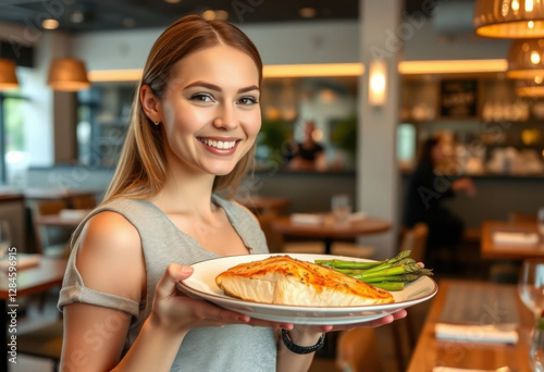 Mujer joven en un bistró moderno sosteniendo un plato de salmón a la parrilla con espárragos, sonriendo a la cámara

