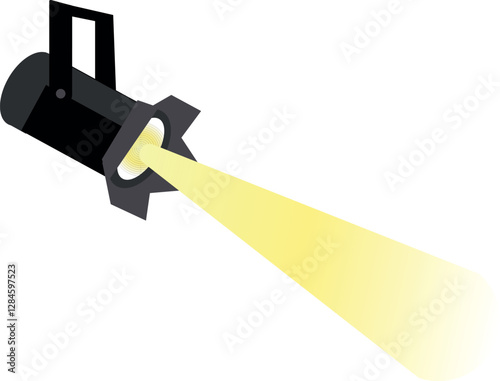 A stage spotlight with sliding doors emits a bright yellow beam.