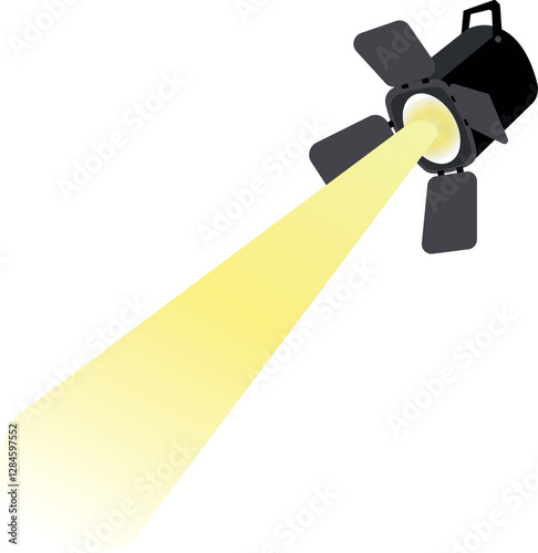 A stage spotlight with sliding doors emits a bright yellow beam.