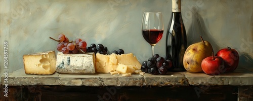Rustic arrangement with wine, cheese, and fruits on wooden table