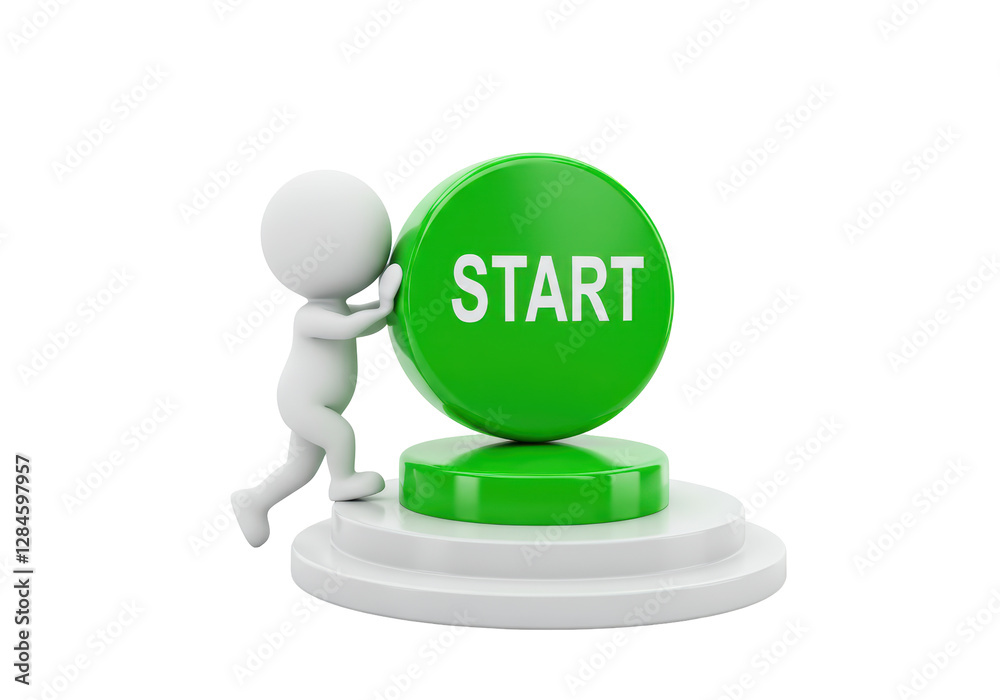 Isolated 3D Man Pushing a Large Green 'START' Button on Platform Isolated 3D Man Pushing a Large Green 'START' Button on Platform