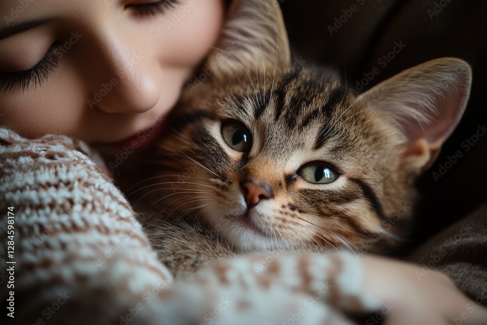 Bonding moment between a person and a tabby cat in a cozy environment with soft lighting Bonding moment between a person and a tabby cat in a cozy environment with soft lighting