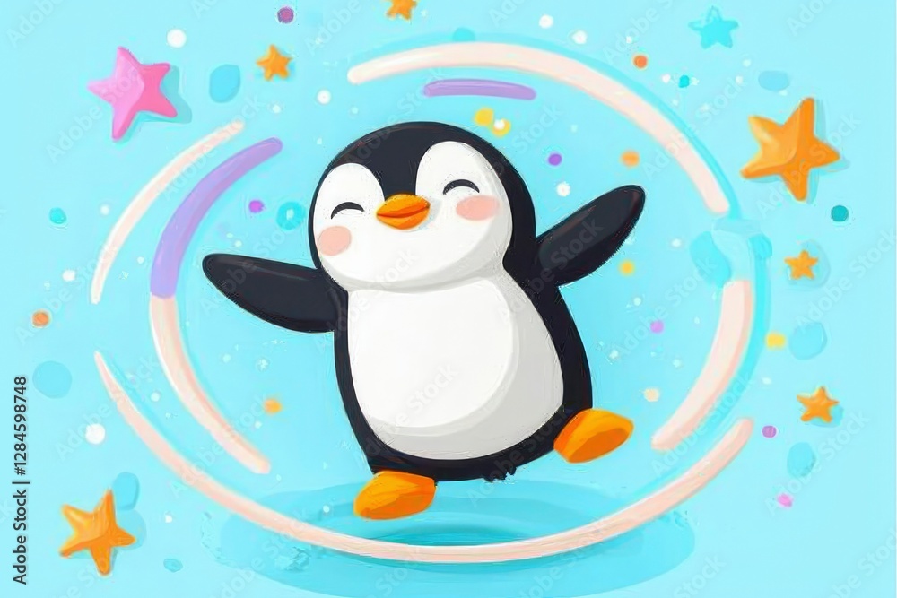 Fototapeta premium Joyful Penguin in a Whimsical World Adorable Cartoon Illustration