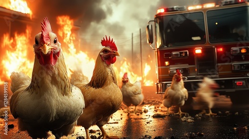 Chickens take over fire station in a hilarious display of poultry chaos under a blazing sky