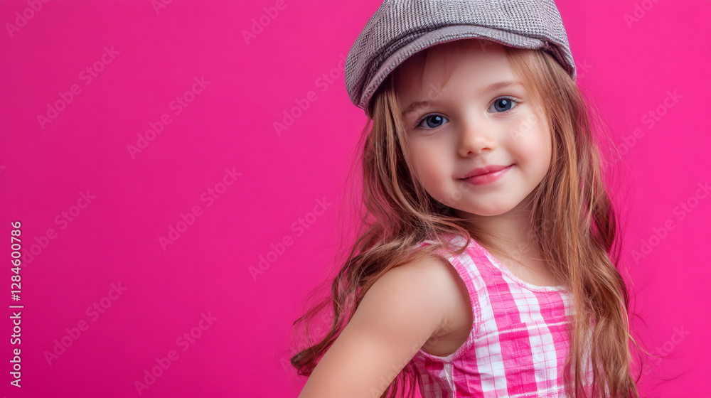 custom made wallpaper toronto digitalAdorable child model wearing newsboy cap and pink dress, standing confidently against bright fuchsia studio background