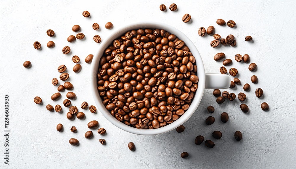 Overhead Shot of Brown Roasted Coffee Beans in White Mug on White Background Overhead Shot of Brown Roasted Coffee Beans in White Mug on White Background