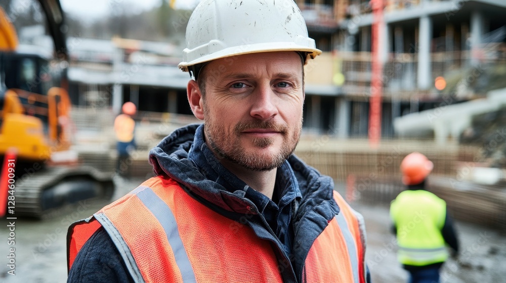 Fototapeta premium A portrait of a European male construction worker wearing a safety helmet and vest, exuding confidence and professionalism on a construction site, with activity in the background.