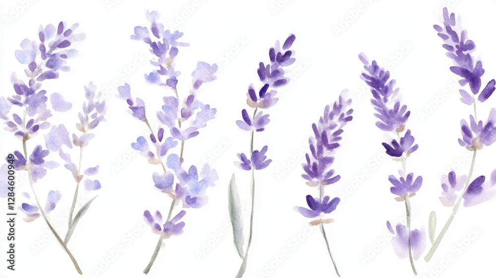 Naklejka premium Hand-painted watercolor lavender sprigs capture the essence of nature's tranquility in soft purple hues and delicate detail