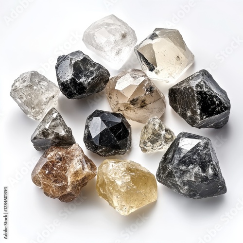 Unique assortment of rough and uncut diamonds showcasing natural beauty and varied shapes in an artistic display on a clean white surface