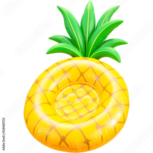 A vibrant inflatable pineapple float with a textured surface and green leaves on top, perfect for summer fun at the pool or beach.