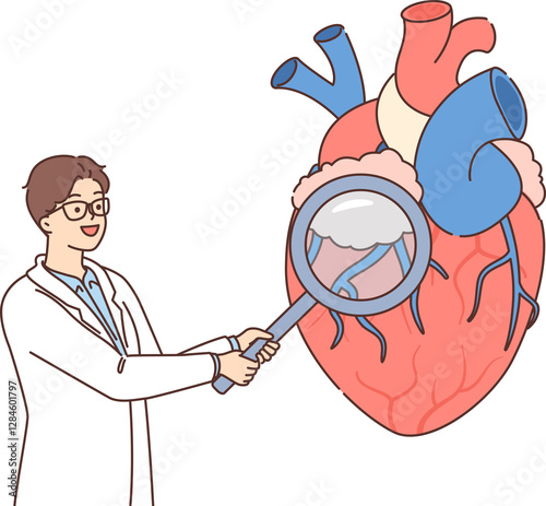 Doctor cardiac surgeon examines patient heart using magnifying glass to look for pathologies and diseases. Cardiac surgeon in white coat smiles wanting to save patient with cardiovascular disorder