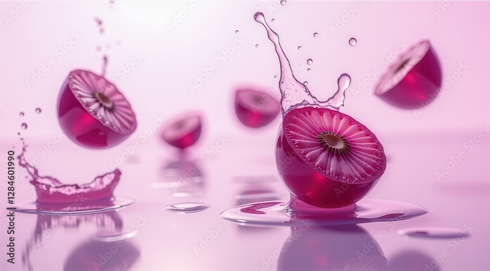 Fototapeta premium Juicy grapes in mid-air with a splash of purple liquid. A delicious and artistic depiction of fresh fruit, nature, and vitality