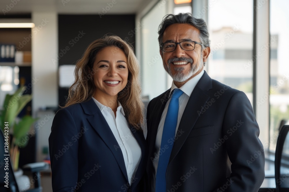 A professional business couple smiling together in an office setting. They are dressed in corporate attire, suggesting a friendly and collaborative work environment. A professional business couple smiling together in an office setting. They are dressed in corporate attire, suggesting a friendly and collaborative work environment.