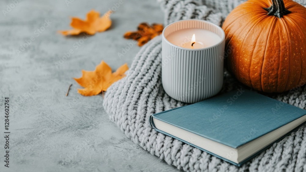 World candle day with relaxation and therapy idea. Cozy autumn scene with pumpkin, candle, book, and leaves. World candle day with relaxation and therapy idea. Cozy autumn scene with pumpkin, candle, book, and leaves.