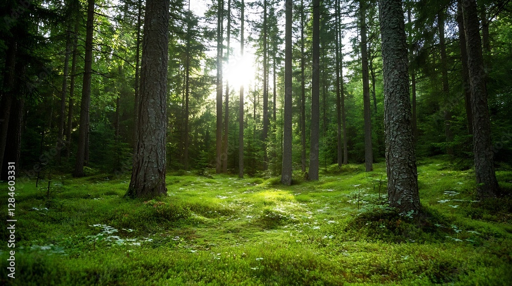 Tranquil forest scene with tall trees and sunlight filtering through the foliage illuminating the green moss below : Generative AI Tranquil forest scene with tall trees and sunlight filtering through the foliage illuminating the green moss below : Generative AI
