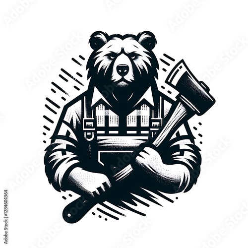 Bear lumberjack holding an axe. Powerful animal dressed in work overalls, holding an axe. Strong, confident, and ready to work. photo