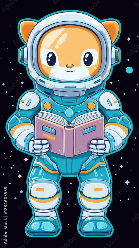 Fototapeta premium Adorable Cat Astronaut Reading a Book in Space