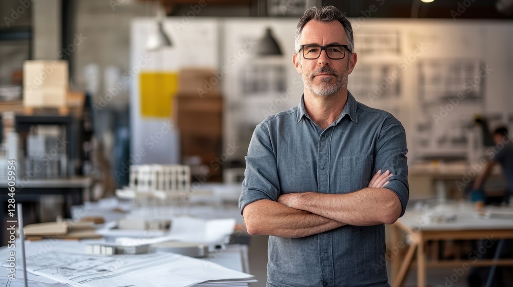 A middle-aged Caucasian male architect stands confidently in a contemporary workspace filled with architectural plans, models, and a collaborative atmosphere. A middle-aged Caucasian male architect stands confidently in a contemporary workspace filled with architectural plans, models, and a collaborative atmosphere.