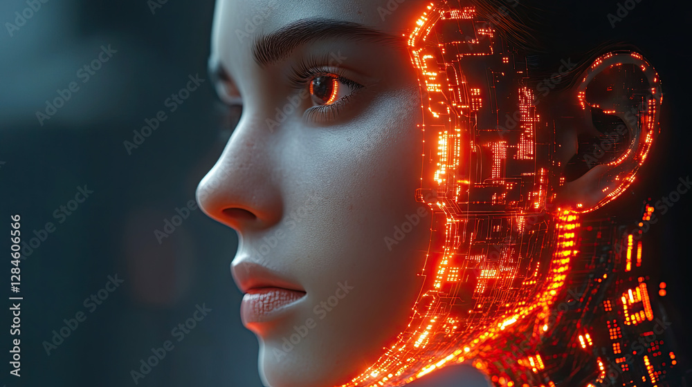 Woman's face with glowing tech interface in urban setting Woman's face with glowing tech interface in urban setting