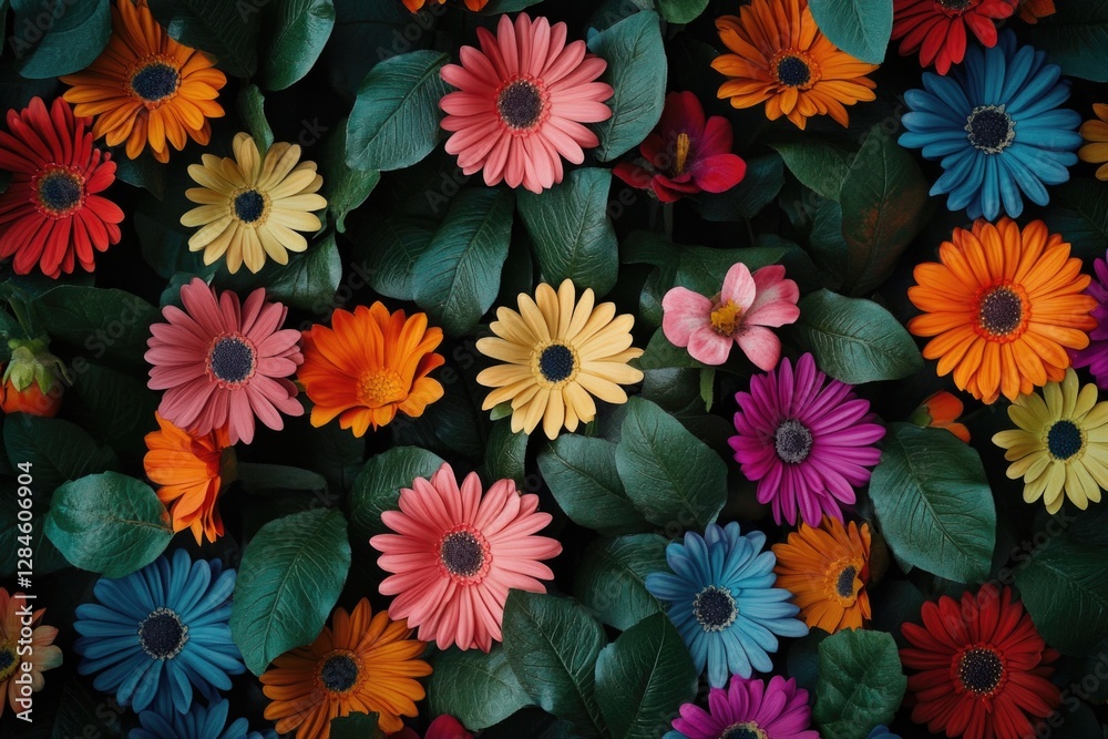 Colorful daisies with green leaves and lens flare effect. Colorful daisies with green leaves and lens flare effect.