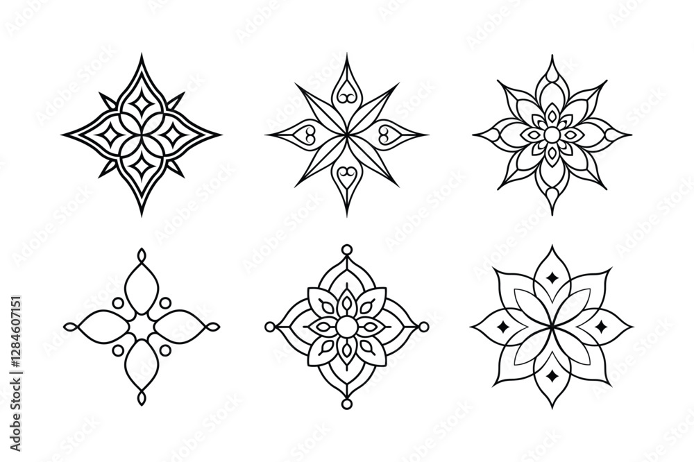 Set of Intricate Black Line Art Floral Designs