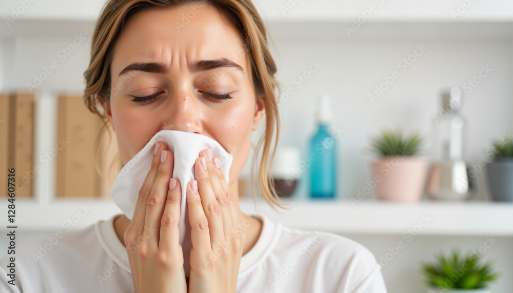 Woman expressing discomfort while sneezing indoors, allergy symptoms Woman expressing discomfort while sneezing indoors, allergy symptoms