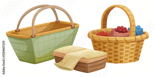 Cartoon wicker baskets, picnic basket, empty gift hamper. Handmade rattan or bamboo woven storage container, rural interior decor vector set. Vector illustration on white background