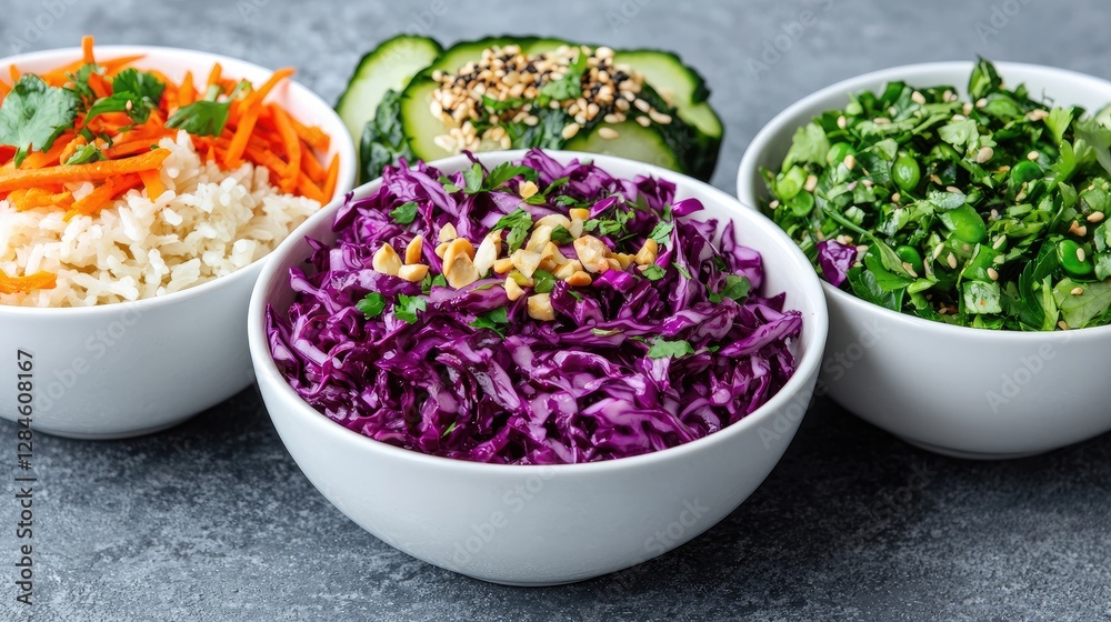 Colorful Asian-inspired salads, close-up shot Colorful Asian-inspired salads, close-up shot