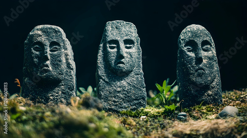 Old ritual stone idols displayed in a dark setting, representing ancient Slavic pagan traditions
