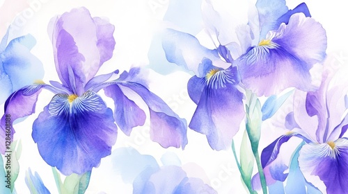 Elegant watercolor illustration of irises in rich purple and soft blue hues showcasing flowing brushstrokes and graceful beauty