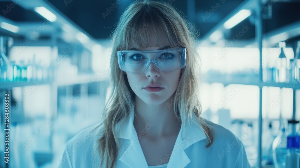 Fototapeta premium Portrait of a young European female scientist wearing glasses, set in a bright laboratory. She embodies the future of research and innovation.