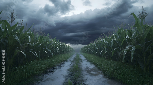 Ominous dark storm clouds gather above a wet dirt road and corn fields, creating a dramatic and suspenseful atmosphere. Generative AI