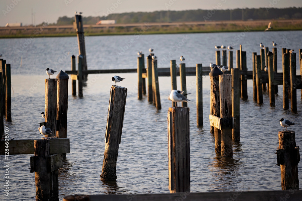 Seagulls perched on weathered wooden posts over calm waterfront Seagulls perched on weathered wooden posts over calm waterfront