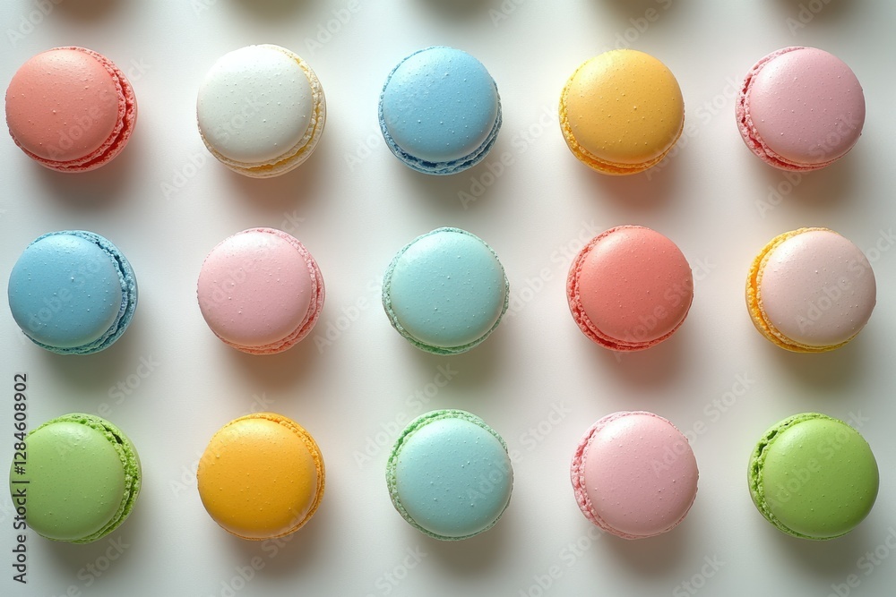 Obraz premium An array of pastel-colored macarons arranged in a grid pattern.