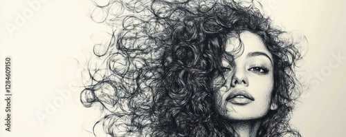 Artistic sketch of a woman with curly hair and expressive eyes in monochrome photo