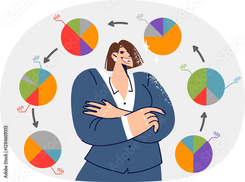 Woman statistician stands among business charts with changing data showing positive changes. Girl business analyst crosses arms in front of chest, rejoicing at result obtained during market research.