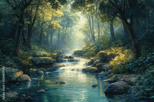 Wallpaper Mural Serene forest stream flows gently over mossy rocks, sunlight filtering through lush green canopy. Torontodigital.ca