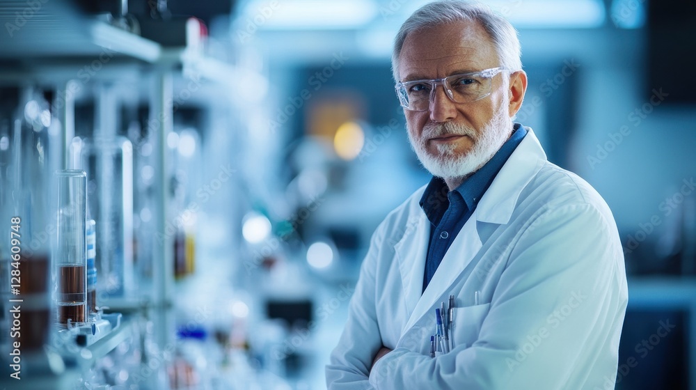 A senior male scientist in a laboratory, wearing glasses and a white coat, exudes expertise and dedication to scientific research and innovation.