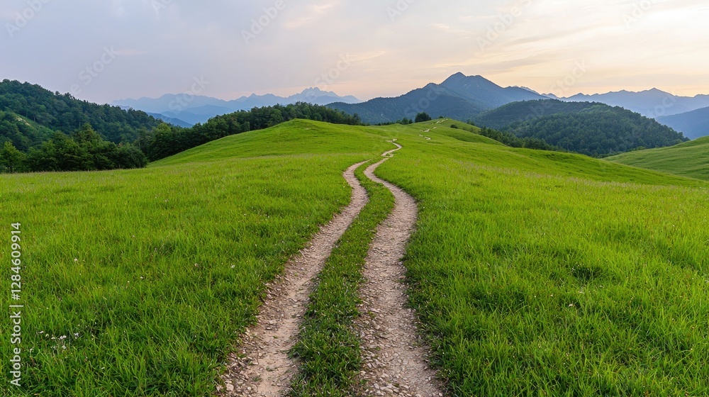 Winding path through grassy hills at sunset. Possible use Nature photography, travel brochure Winding path through grassy hills at sunset. Possible use Nature photography, travel brochure