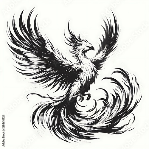 Black and white stylized phoenix in flight, with detailed feathered wings and tail.